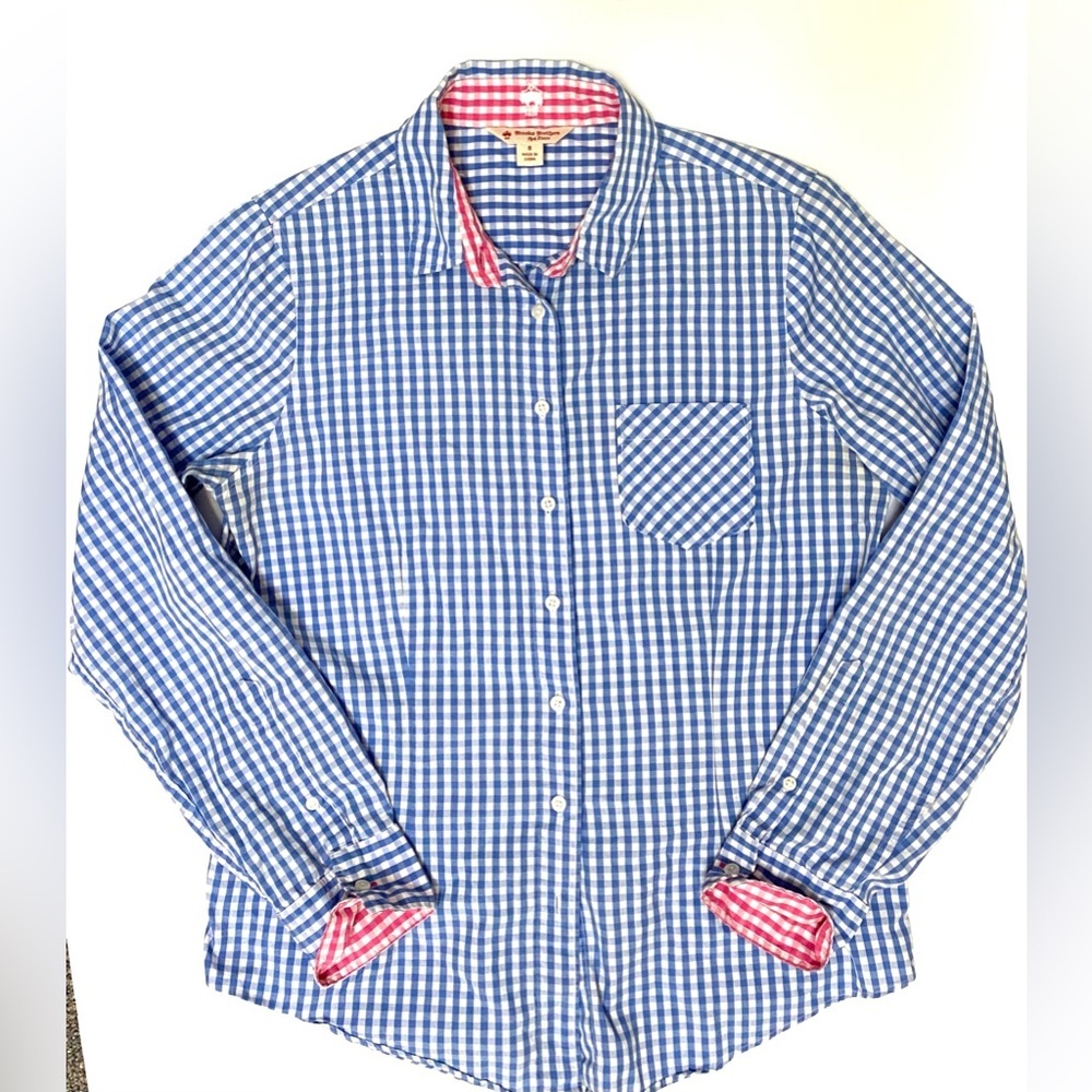 Brooks Brothers Blue and White Gingham Button-Down Shirt with Pink Trim 8